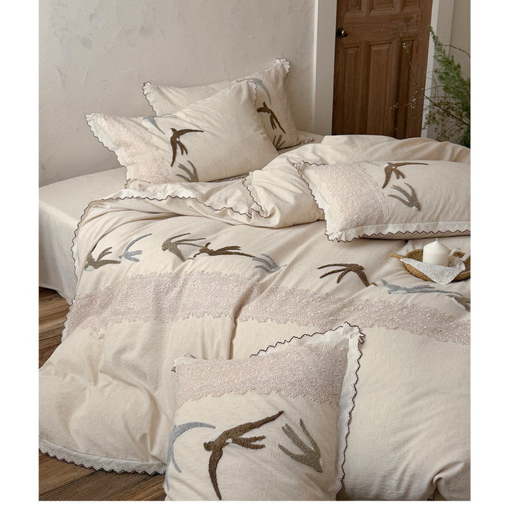 Embroidered Bird Linen-Blend Duvet Cover Set with Scalloped Lace Trim