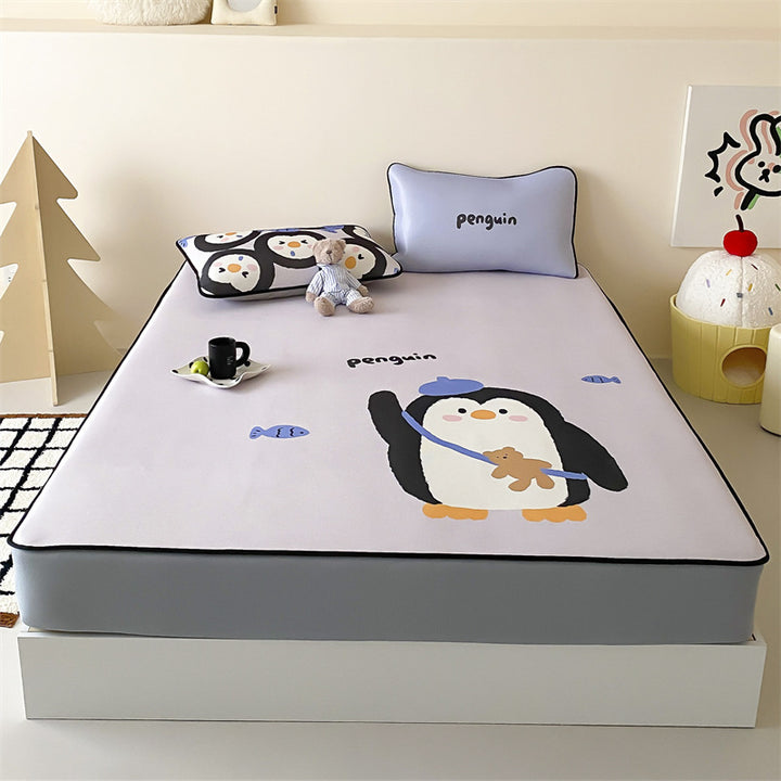 Children's mattress topper and fitted sheet set with non-slip corner fasteners and cute dog design