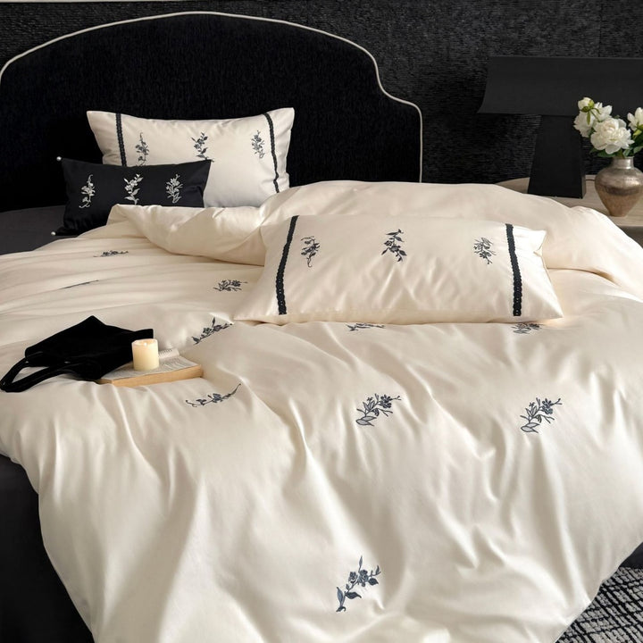 Luxurious satin bed linen set with fine floral embroidery Stornfield