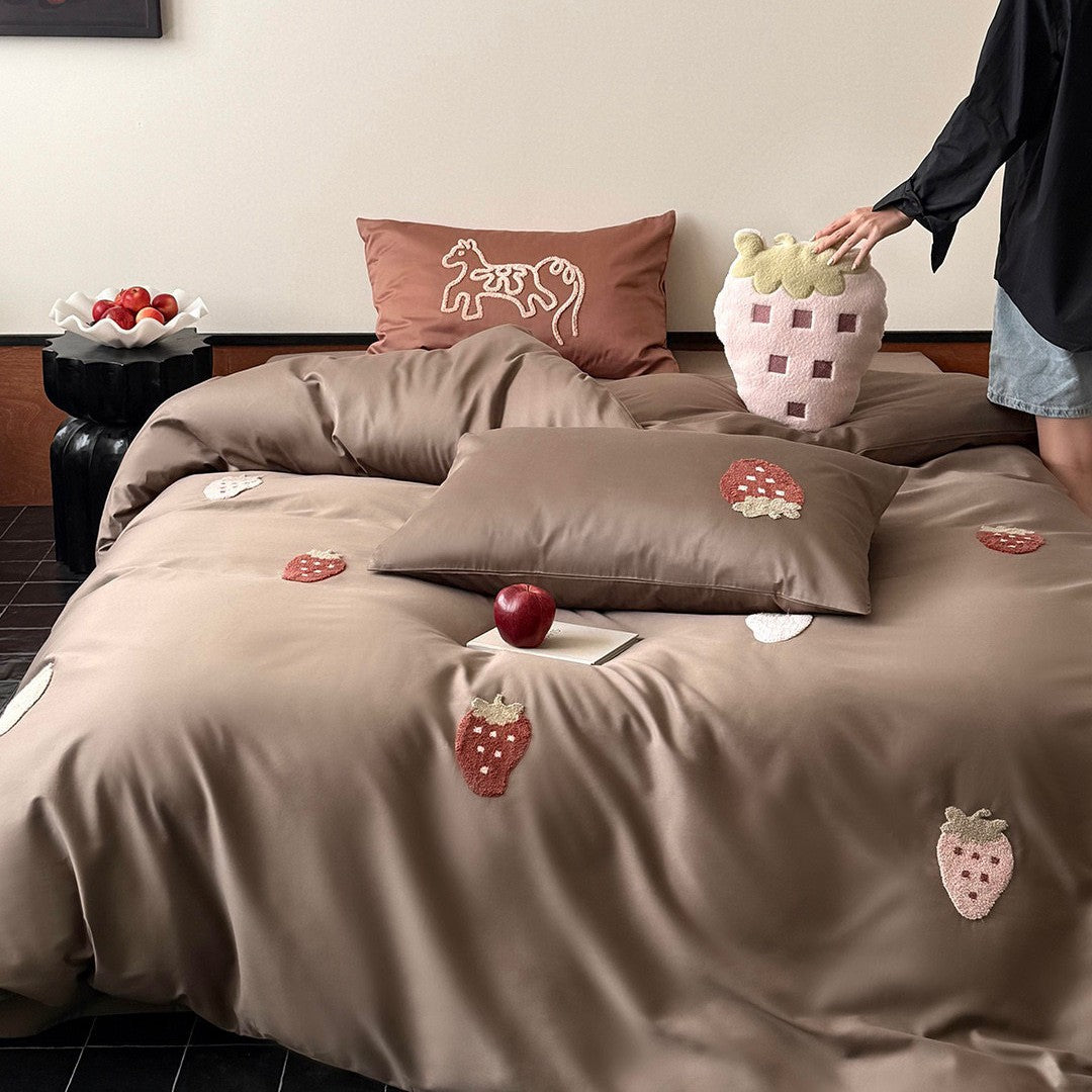 Silky Satin Strawberry Appliqué Reversible Duvet Cover & Pillow Sham Set