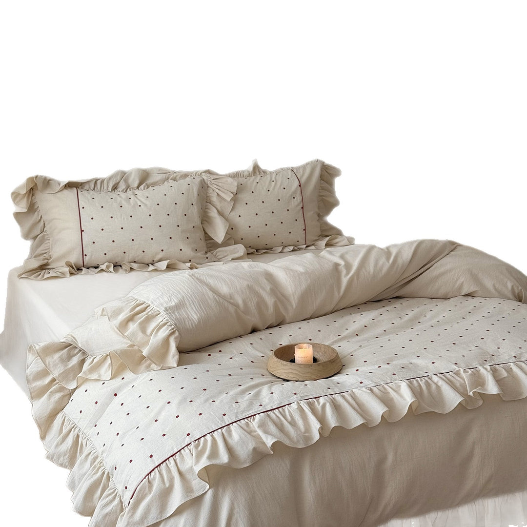 Frilled Organic-Linen Blend Duvet Cover & Sham Set with Hand-Embroidered Red Dot Motif