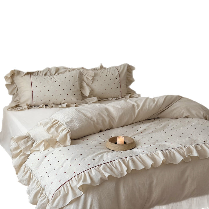Frilled Organic-Linen Blend Duvet Cover & Sham Set with Hand-Embroidered Red Dot Motif