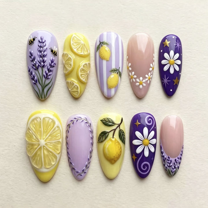 Manual Nail Art Set with Floral and Lemon Designs