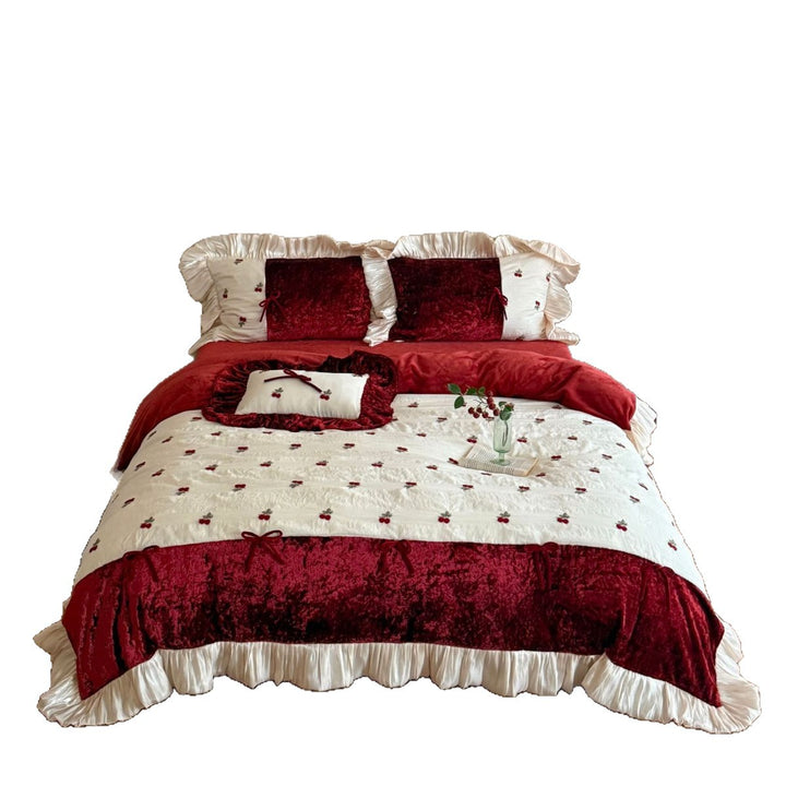 Luxurious Velvet Embroidered Cherry Ruffle Bedding Set