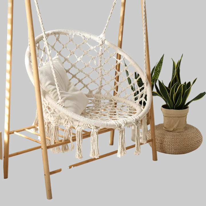 Macrame hanging chair with complete ceiling mounting kit and decorative tassel fringe Stornfield