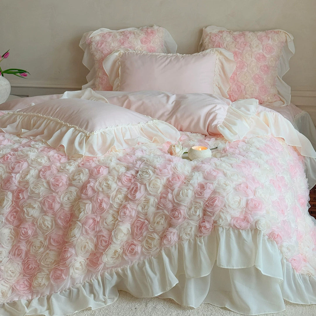Romantic Three-Dimensional Rose Applique Floral Duvet Cover Set with Ruffled Shams
