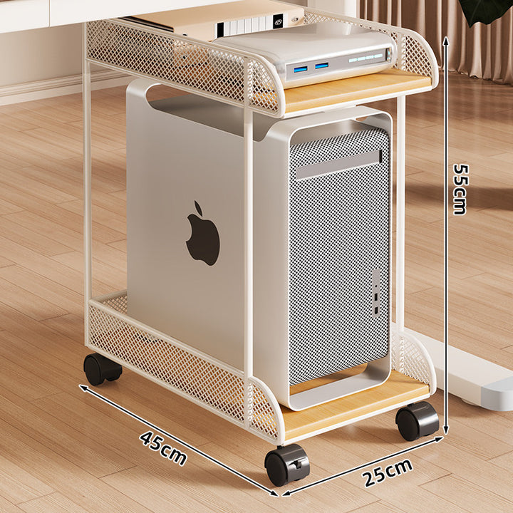 Mobile Desktop CPU Tower Stand with Mesh Side Guards Wooden Base and Locking Casters