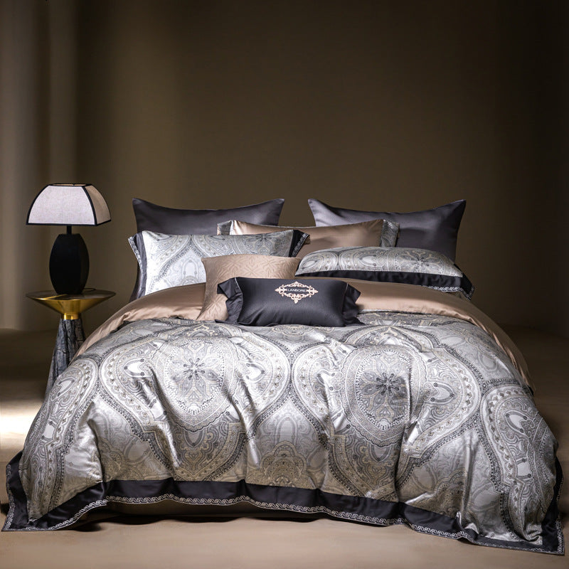 Floral Jacquard Sateen Duvet Cover Bedding Set with Reversible Silky Backing and Embroidered Accent Pillow