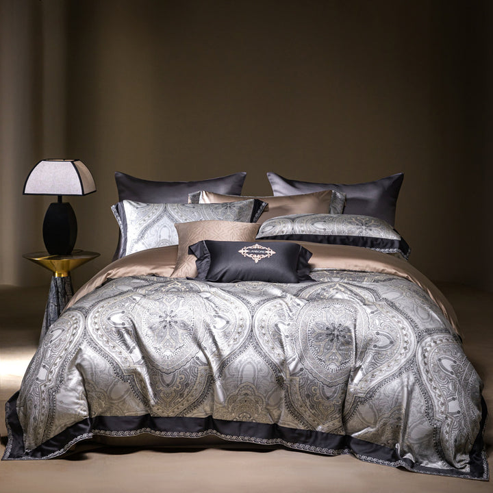 Floral Jacquard Sateen Duvet Cover Bedding Set with Reversible Silky Backing and Embroidered Accent Pillow