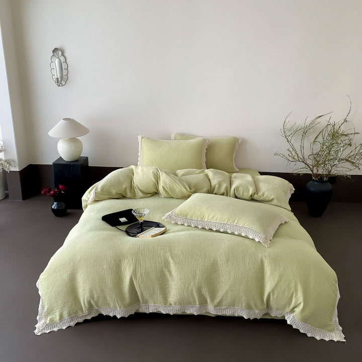 Luxurious linen bedding set with lace trim and pillowcases