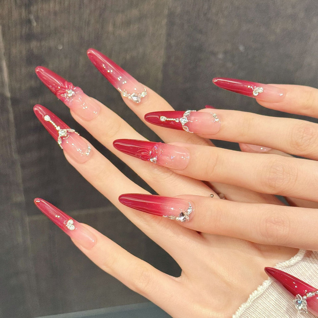 Stylish Stiletto Press-On Nail Set with Rhinestone Accents