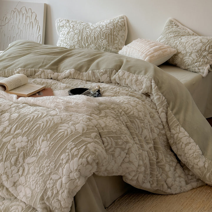 Embossed Plush Floral Quilted Reversible Duvet Cover Set with Matching Shams