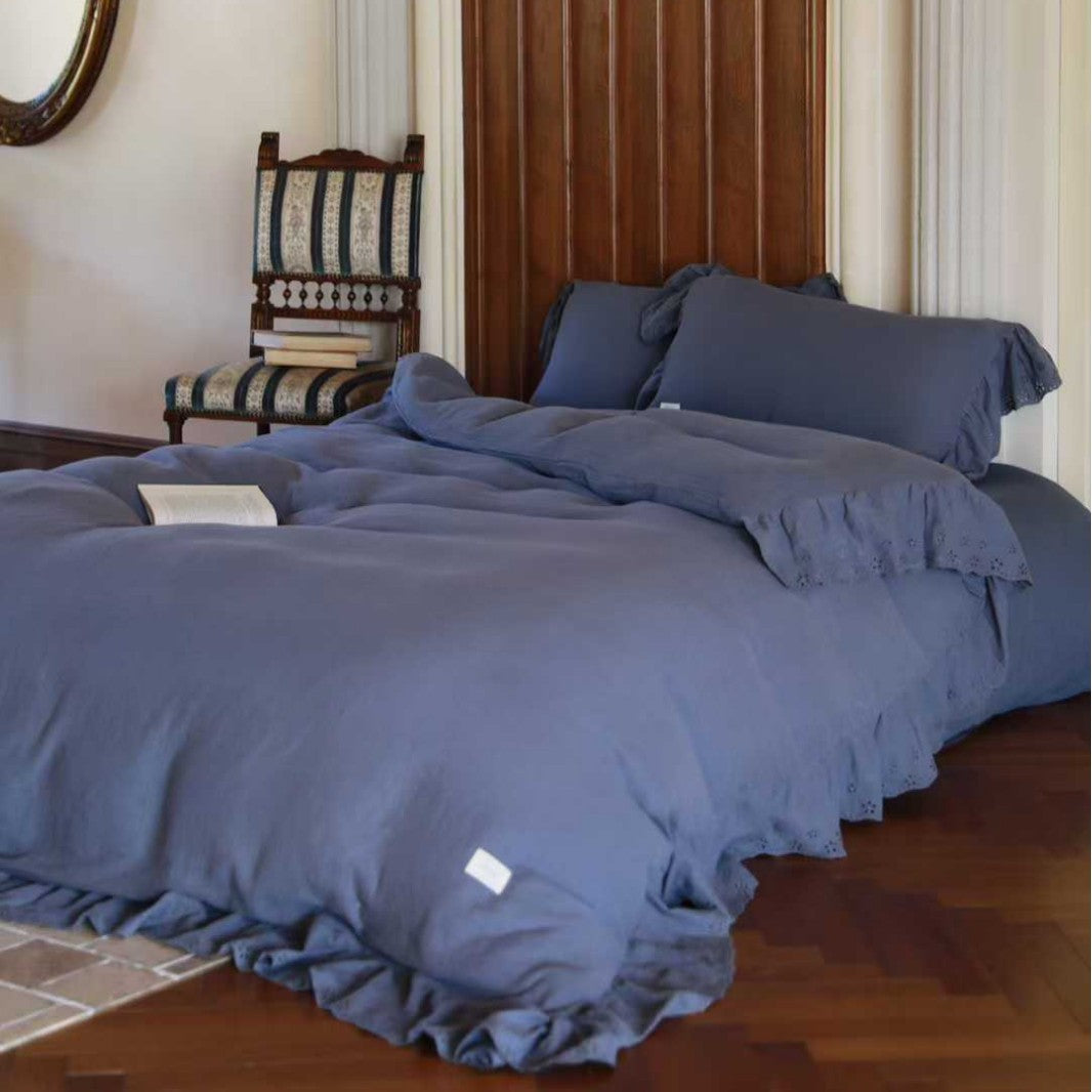 Ruffled Eyelet Trim Washed Linen Duvet Cover Set