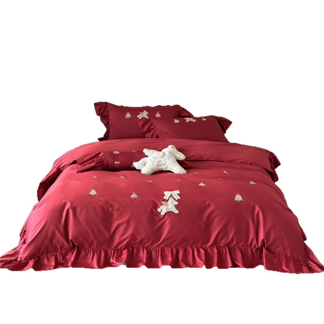 Ruffled Embroidered Cotton Sateen Duvet Cover Set with Appliqué Teddy & Bow Shams