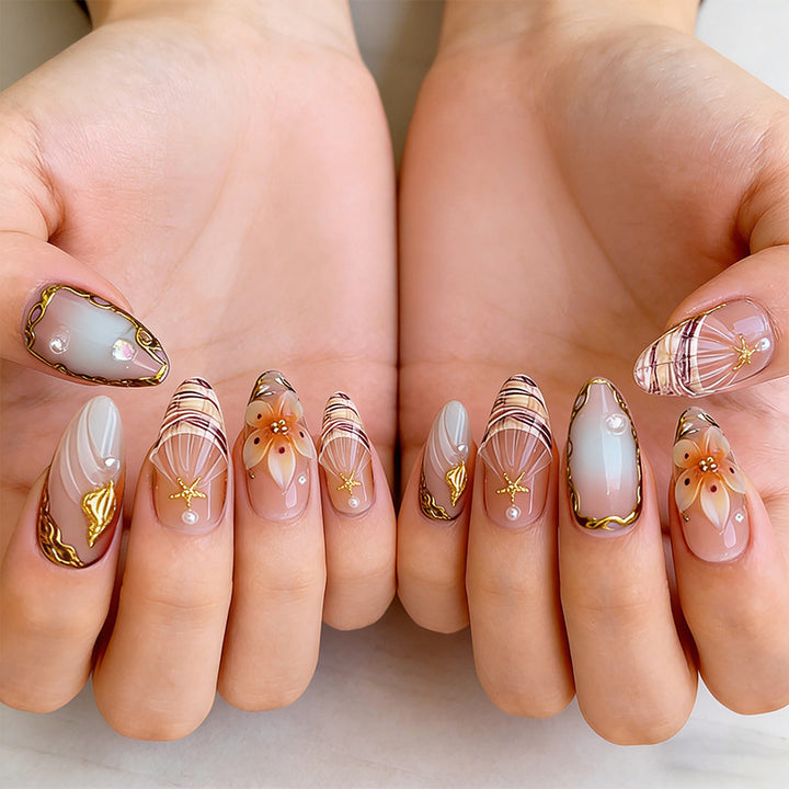 Artificial nail set with delicate flower and glitter decorations Stornfield