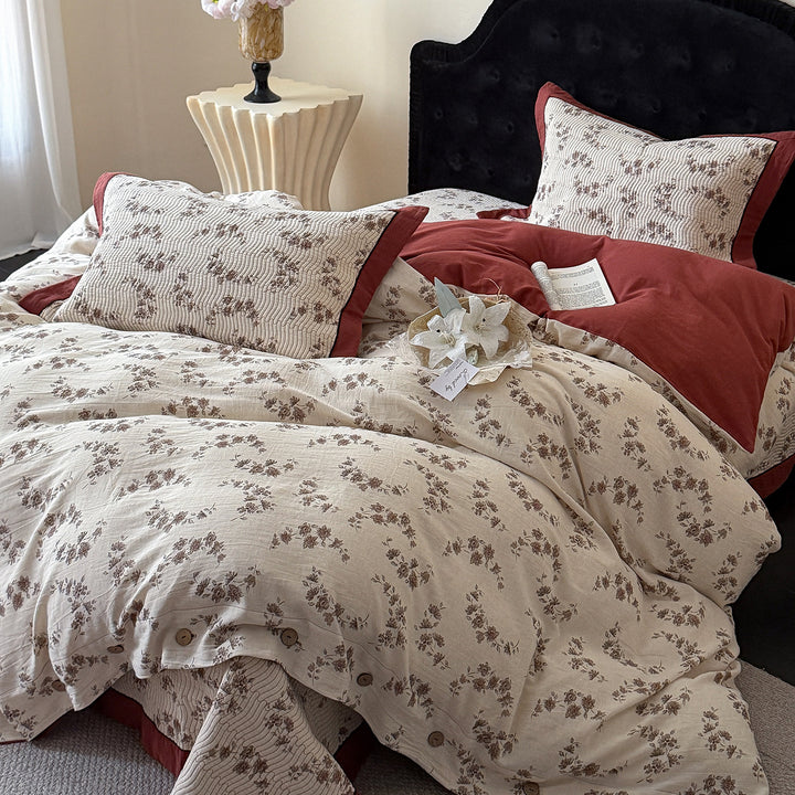 Patterned Quilted Reversible Duvet Cover Set with Button Closure and Piped Edge