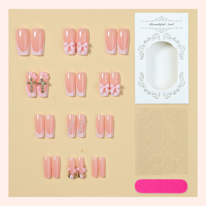 Decorative Press-On Nail Set with Bow and Floral Accents Stornfield