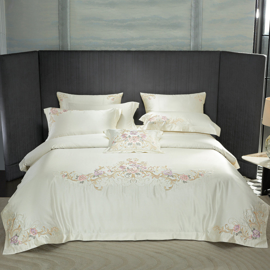 Silk-Look Botanical Embroidered Duvet Cover Ensemble with Decorative Pillow and Euro Shams