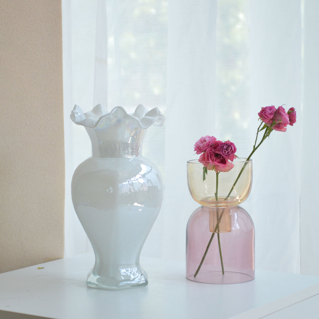 Hand-Blown Ruffled-Rim Art Glass Vase with Ombre Pink Ivory Finish Stornfield