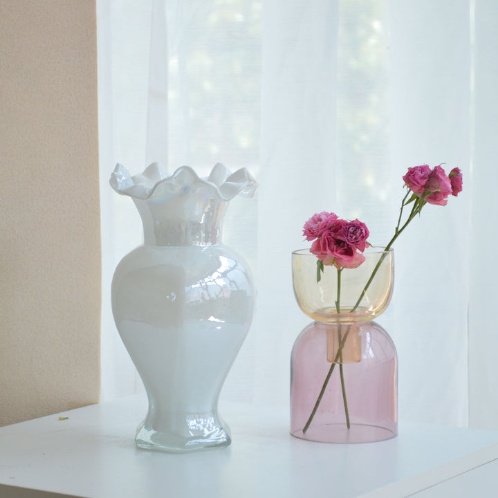 Hand-Blown Ruffled-Rim Art Glass Vase with Ombre Pink Ivory Finish Stornfield