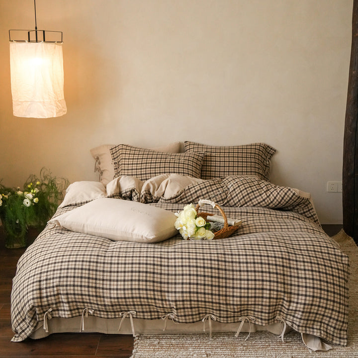 Luxury Plaid Cotton Duvet Cover Set with Corner Ties