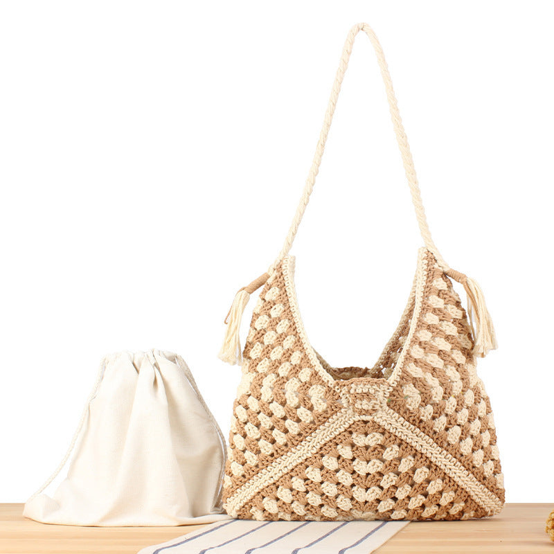 Handbag with artistic macrame design and durable inner bag Stornfield