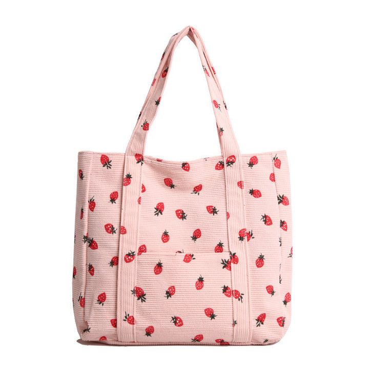 Playful Strawberry Print Corduroy Tote Bag Stornfield