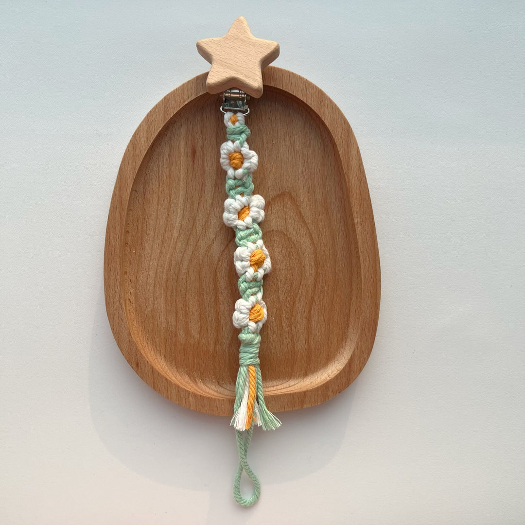 Macramé Stroller and Pacifier Lanyard with Wooden Star Clip