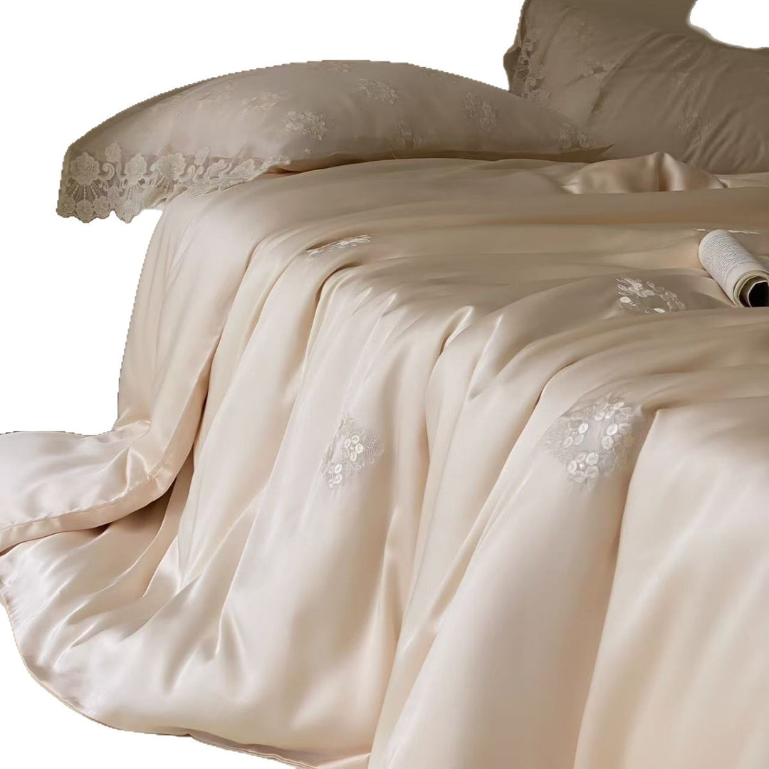Embroidered Satin Duvet Cover Set with Lace-Trim Pillowcases