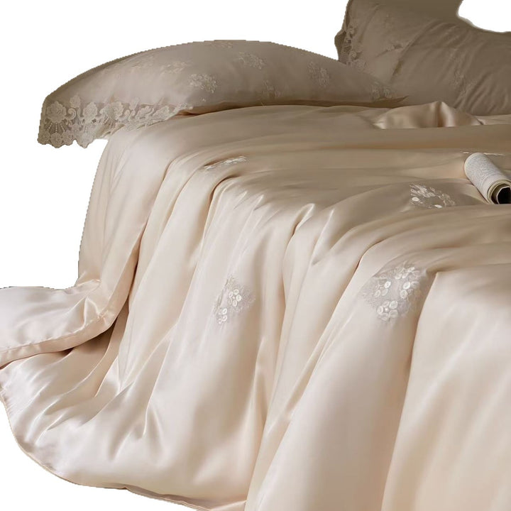 Embroidered Satin Duvet Cover Set with Lace-Trim Pillowcases