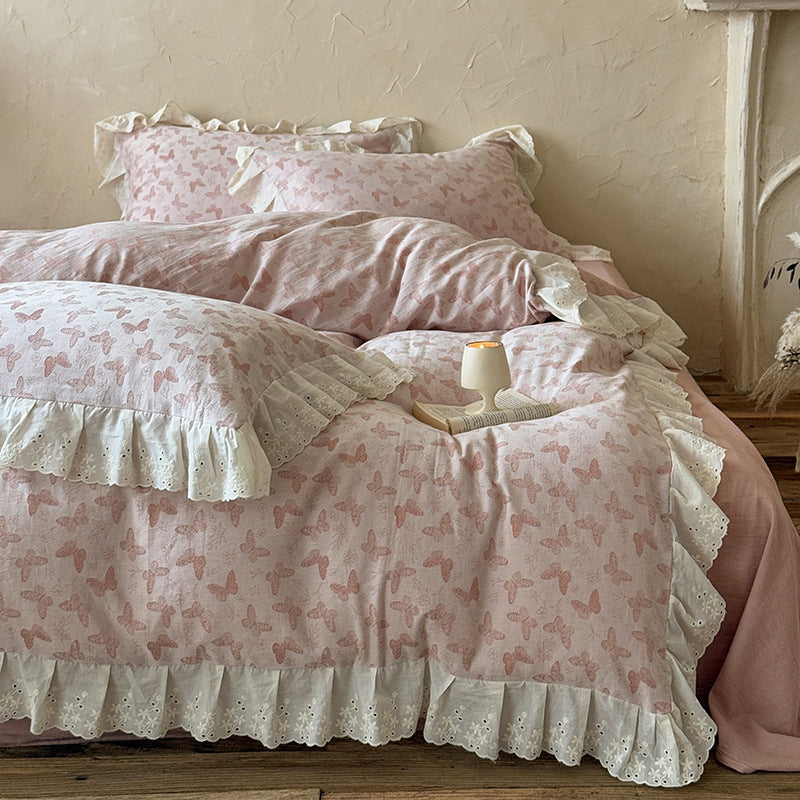 Romantic Cotton Sateen Butterfly-Print Duvet Cover Set with Eyelet Ruffle