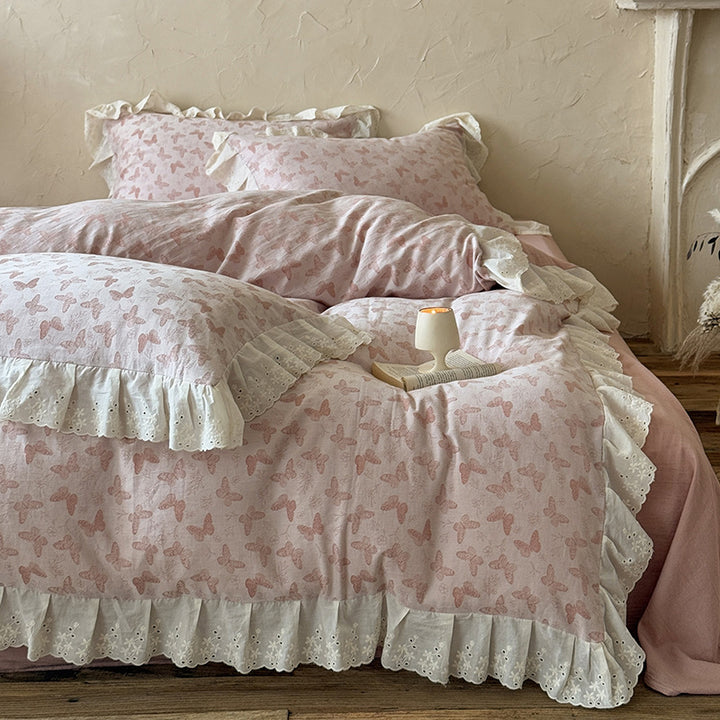 Romantic Cotton Sateen Butterfly-Print Duvet Cover Set with Eyelet Ruffle