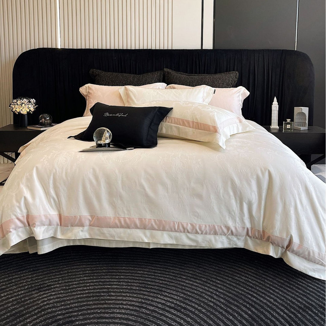 Jacquard cotton satin bed linen set with delicate medallion structure and satin border