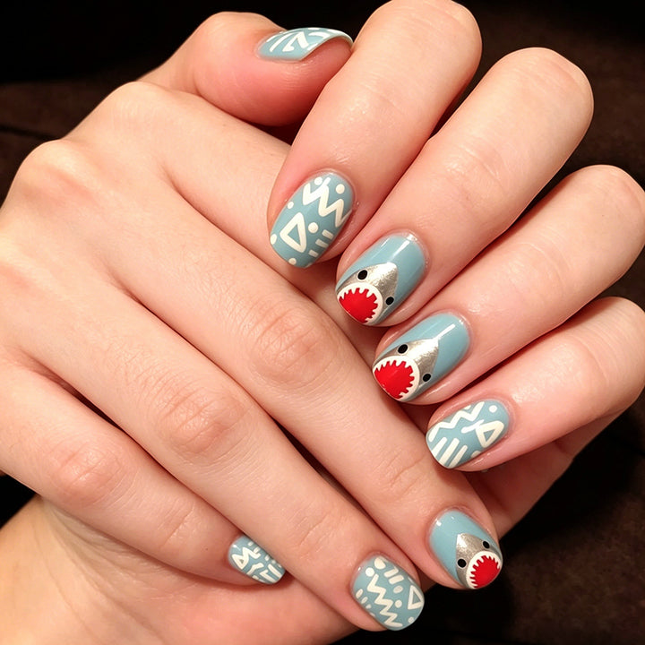Artistic Shark-Themed Press-On Nail Design Stornfield