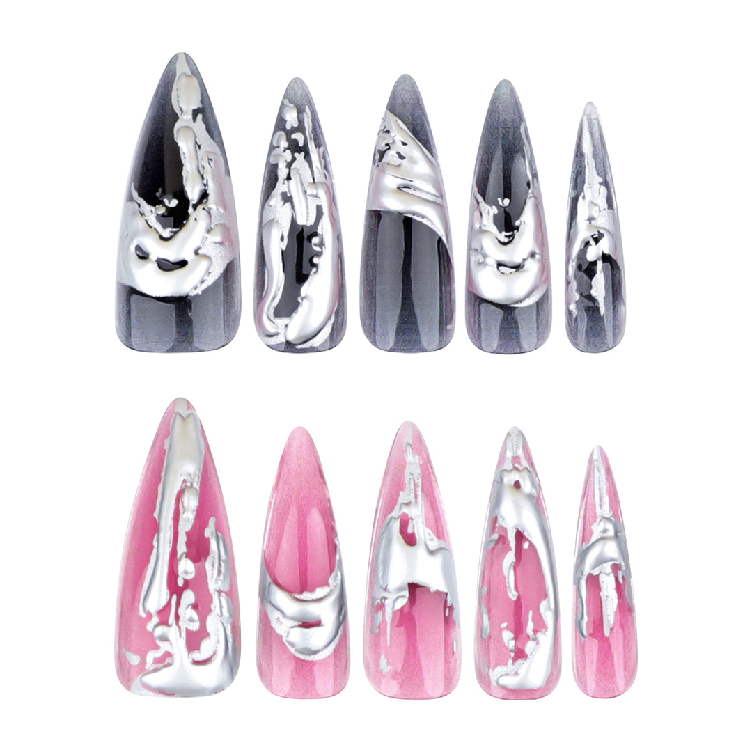 Creative stiletto nails with unique metallic details Stornfield