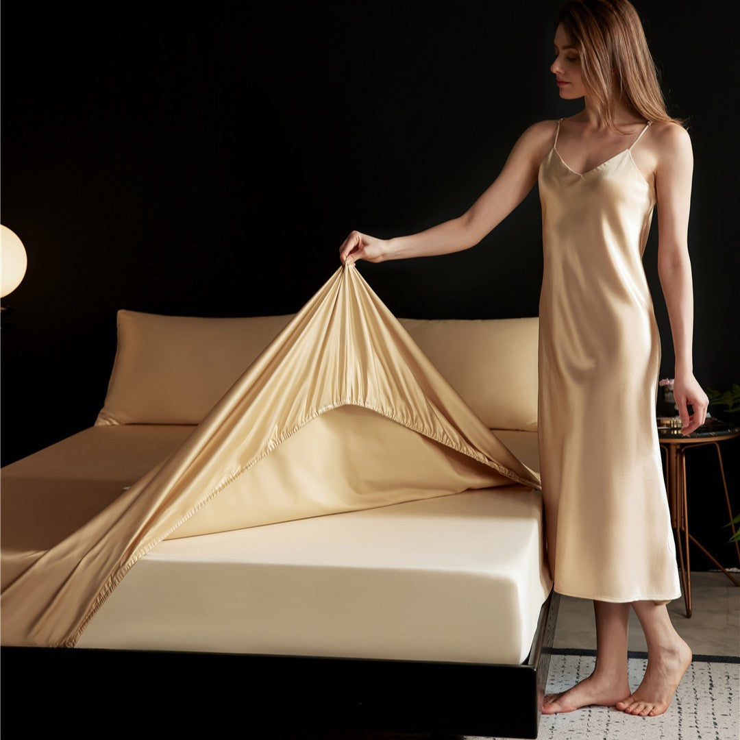 Silky Satin-Feel Long-Drop Flat Sheet and Pillowcase Set