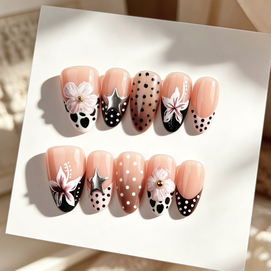 Artistic Press-On Nail Art Set with Unique Floral and Star Designs