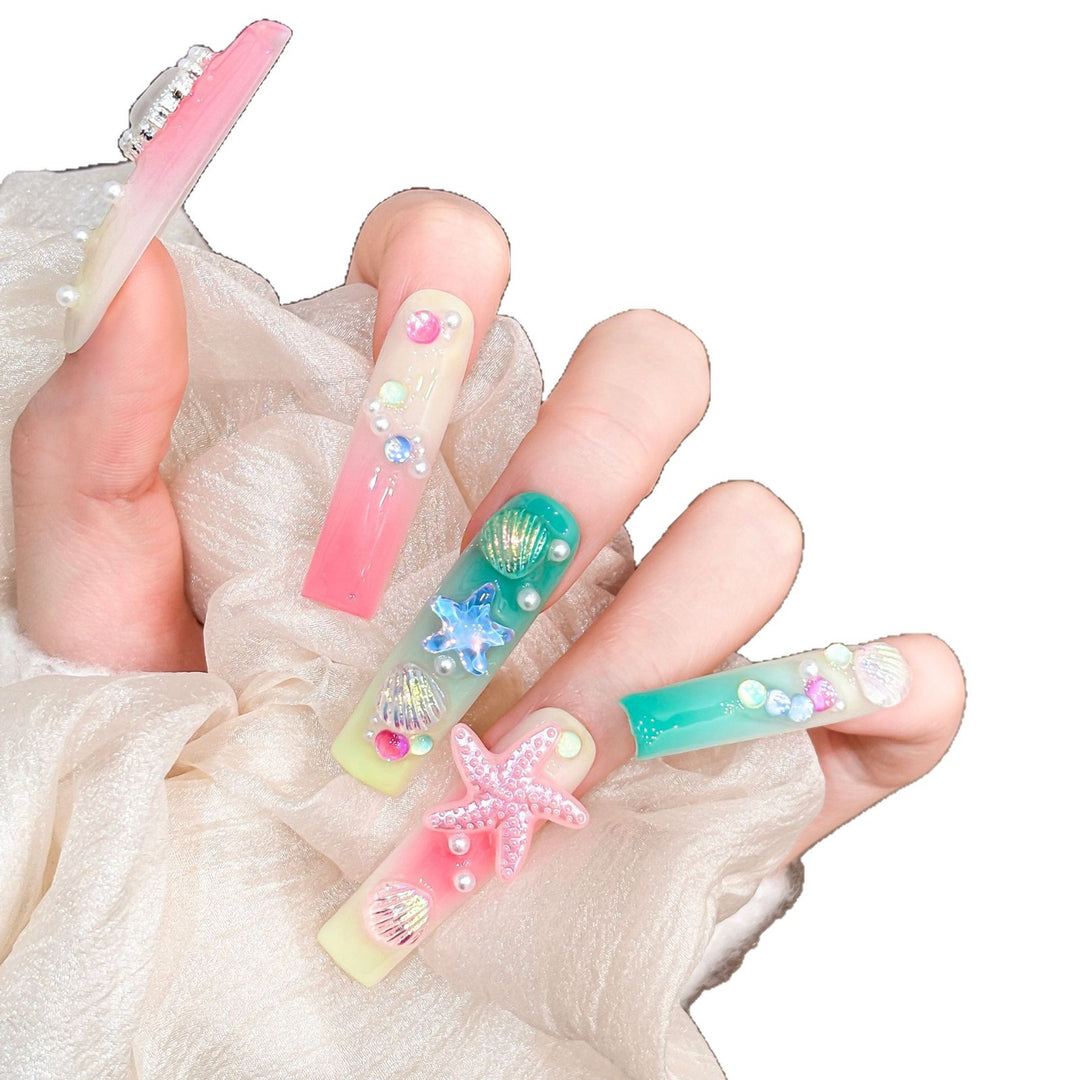 Artistic Long Press-On Nail Set with Ocean-Themed Design