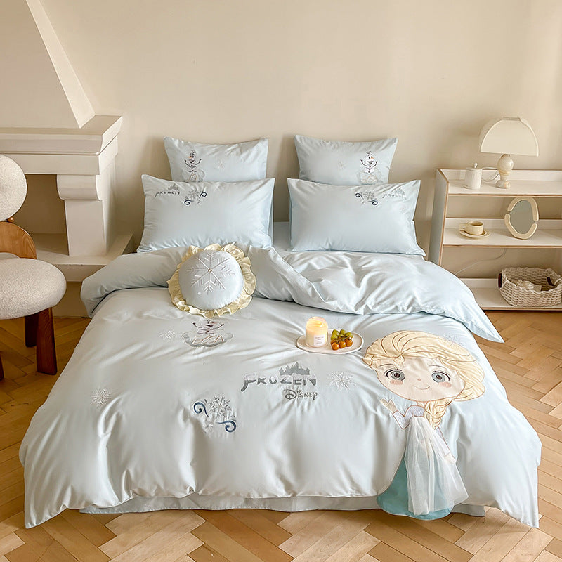 Children's Cartoon Embroidered Princess Duvet Cover Set with Tulle Accent and Pillow Shams