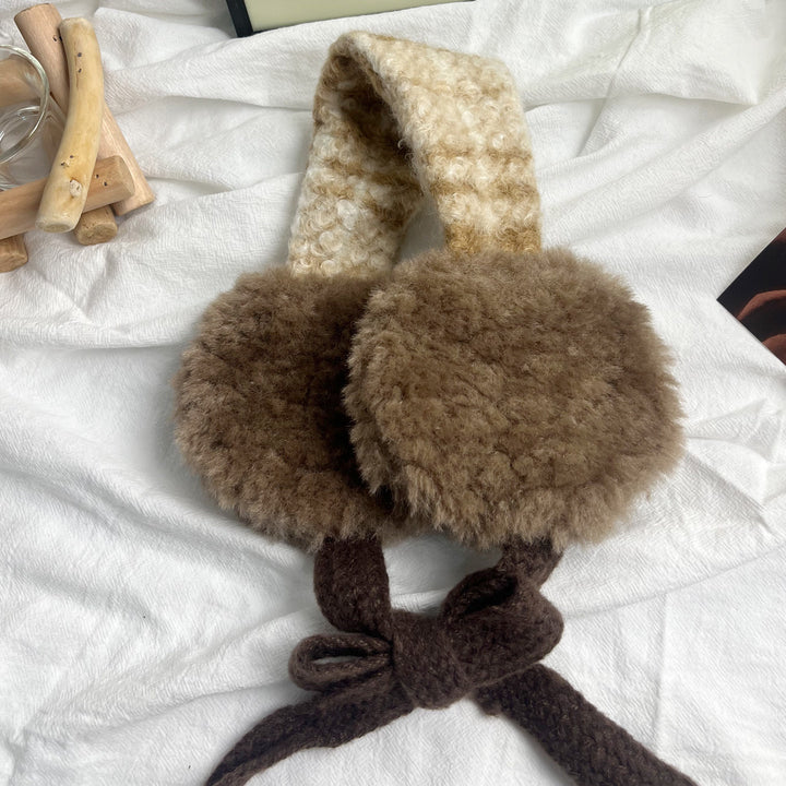 Plush Curly Faux-Fur Round Earmuffs with Patterned Knit Tie Headband Stornfield