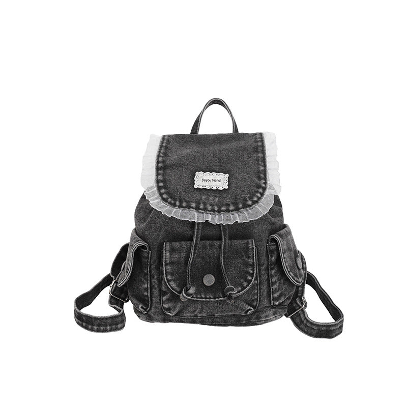 Vintage-Inspired Ruffled Denim Backpack