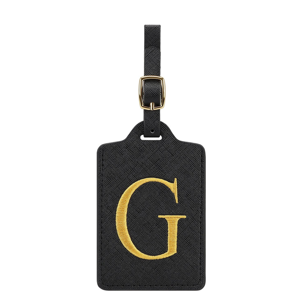 embroidered initial monogram leather luggage tag with adjustable buckle strap Stornfield