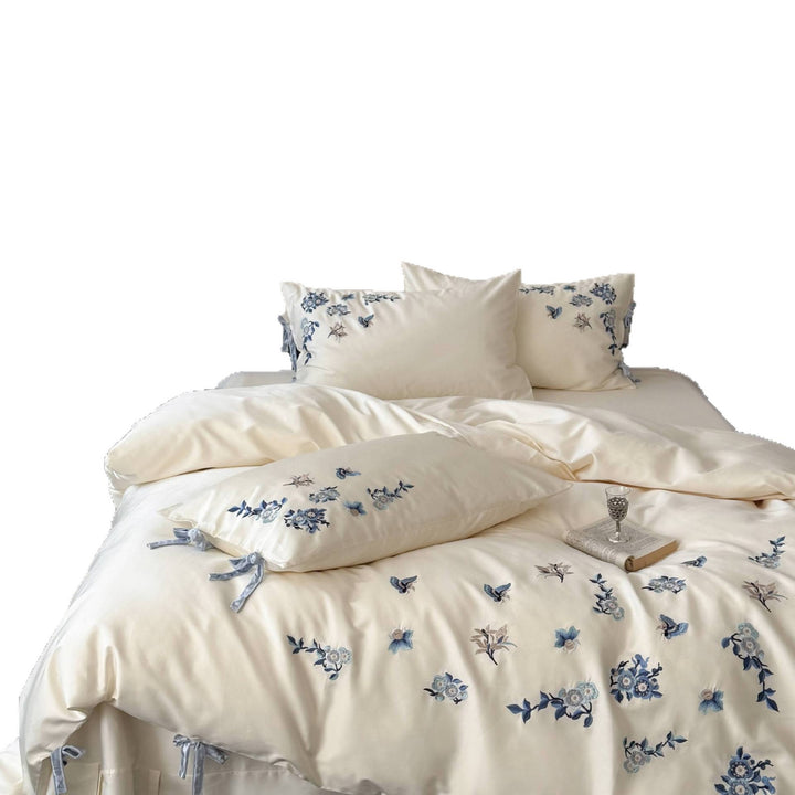 Embroidered Floral Cotton Sateen Duvet Cover Set with Velvet Tie Closures