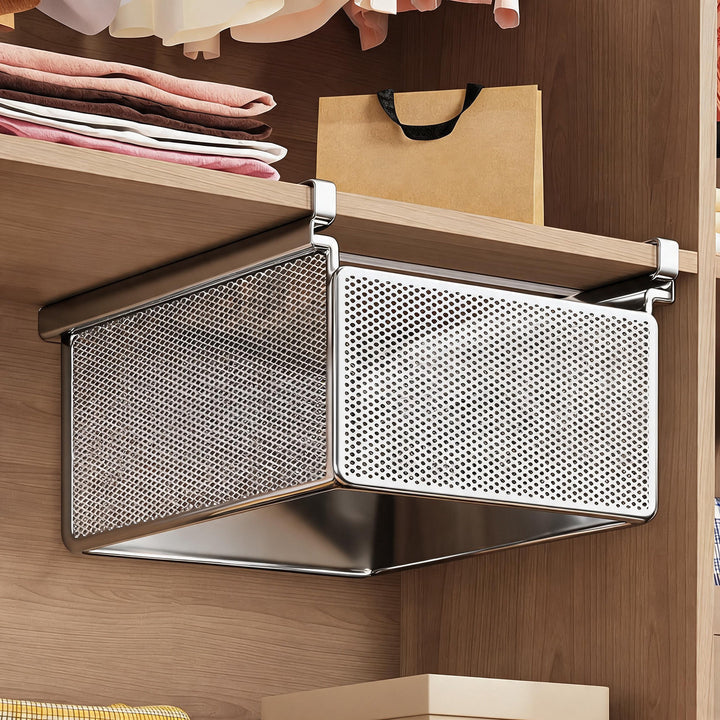 Pull-Out Under-Shelf Ventilated Metal Mesh Storage Drawer for Wardrobe and Closet Organization