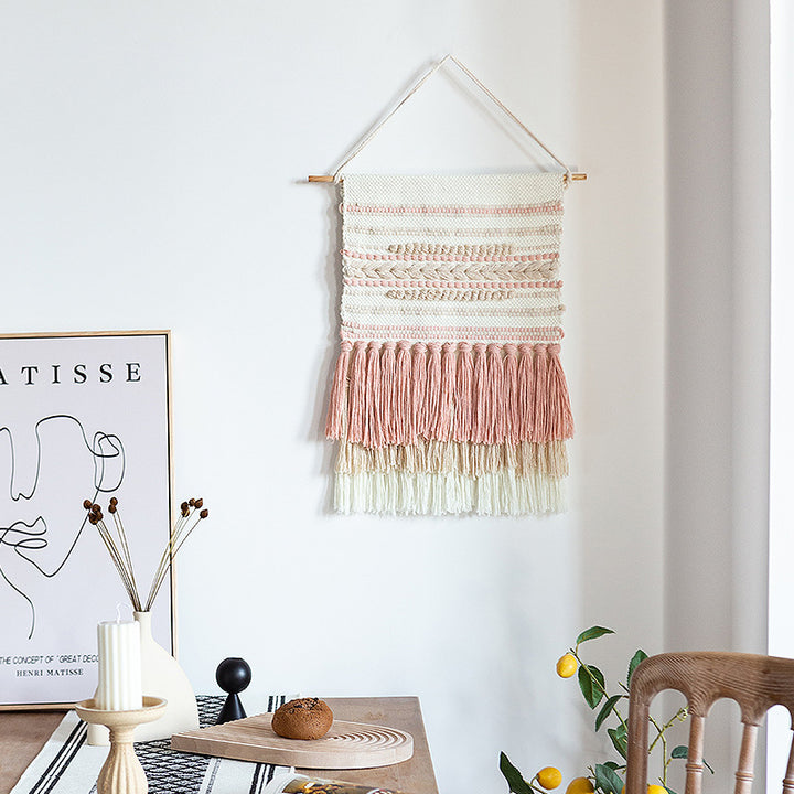 Woven Boho wall tapestry with macrame fringes and handcrafted textured relief Stornfield