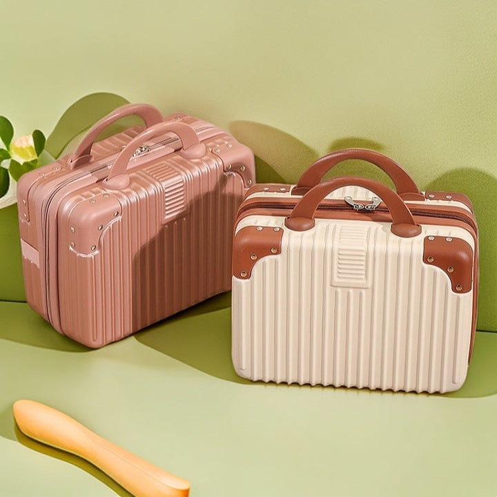 structured hard-shell vanity travel case with faux-leather corner reinforcements and dual top handles Stornfield