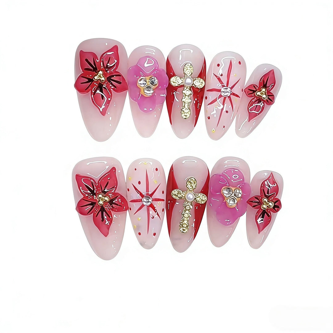 Artistic Floral and Gemstone-Embellished Press-On Nails Stornfield