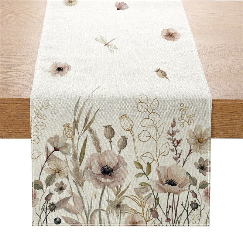 Watercolor Wildflower Cotton-Linen Table Runner with Meadow Botanical Print