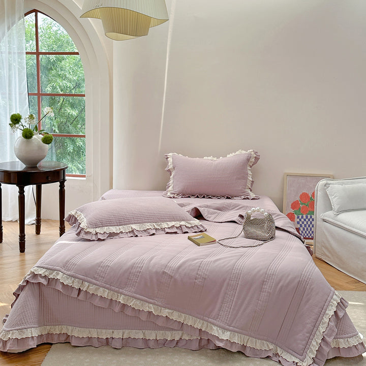 Quilted Ruffled Cotton Bedspread Set with Lace-Trim Pillow Shams