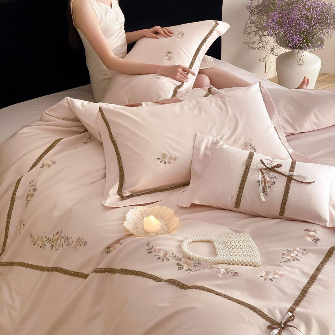Embroidered Satin Sateen Duvet Cover Set with Lace-Trim Pillow Shams